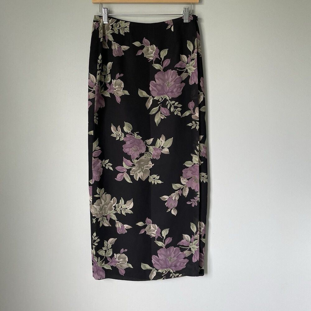 Geoffrey Beene Sport Vintage 90's Floral Print Pencil Skirt Purple Black Size 4
